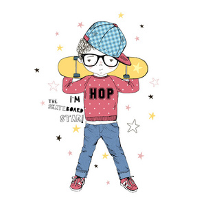 卡通男孩与滑板照片