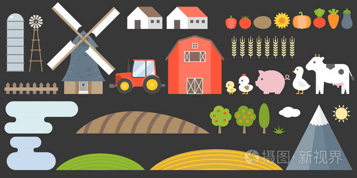 中的设计元素包括动物, 字段, 蔬菜, 拖拉机和施工, 平面样式矢量图