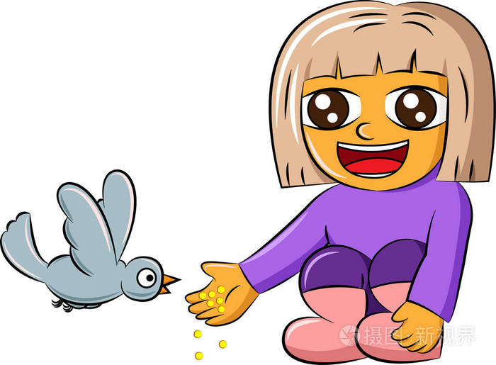一个可爱的小女孩用谷物喂鸟的卡通插图