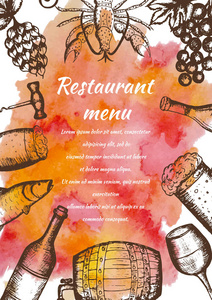 餐馆的菜单，手绘食物和饮料上水彩