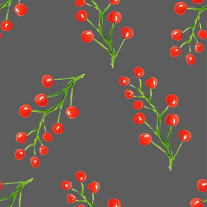 无缝模式与抽象水彩红浆果在灰色的背景上