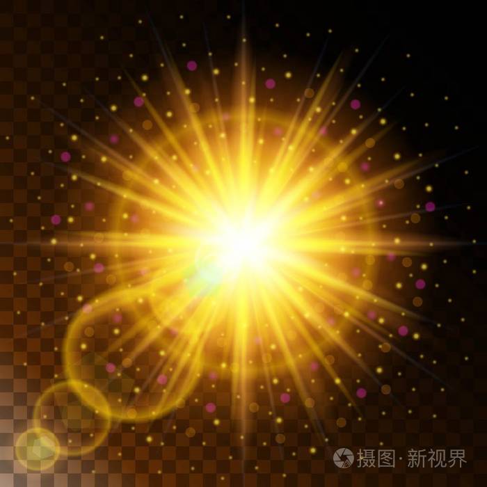 发光的光效果集明星阳光温暖的黄色光辉在透明背景上闪烁着矢量图