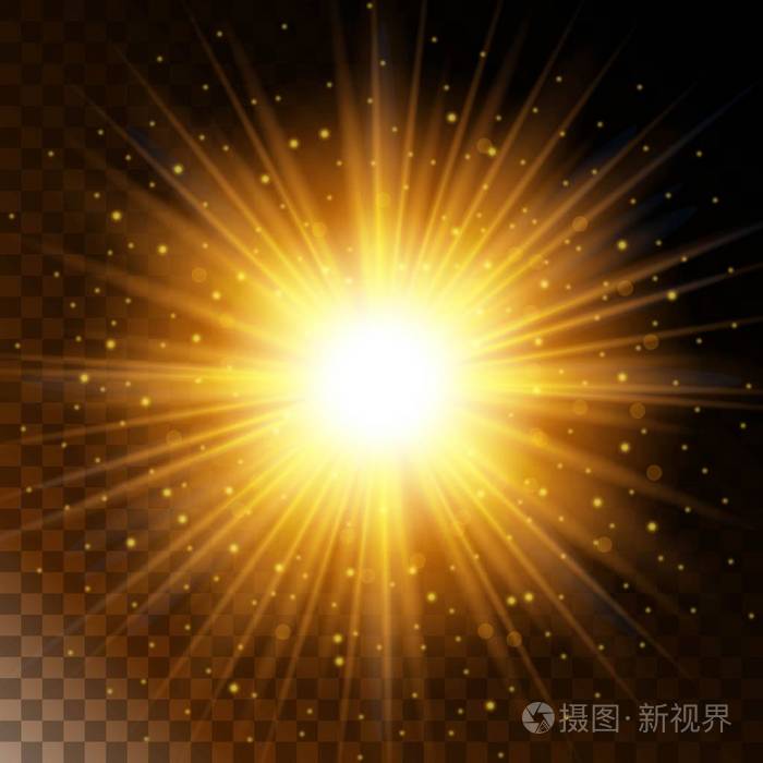 发光的光效果集明星,阳光温暖的黄色光辉在透明背景上闪烁着.矢量图