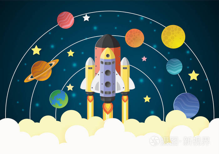 启动的概念火箭飞行在银河系统剪纸