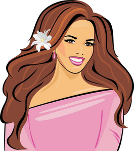 一个微笑美丽的女人，穿着粉红色的连衣裙的肖像