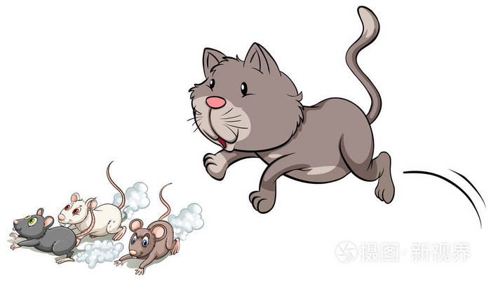 灰色的小猫追老鼠插画-正版商用图片0x04jr-摄图新视界