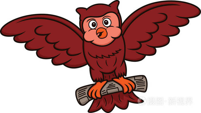 猫头鹰飞与报纸在它爪上的卡通插图