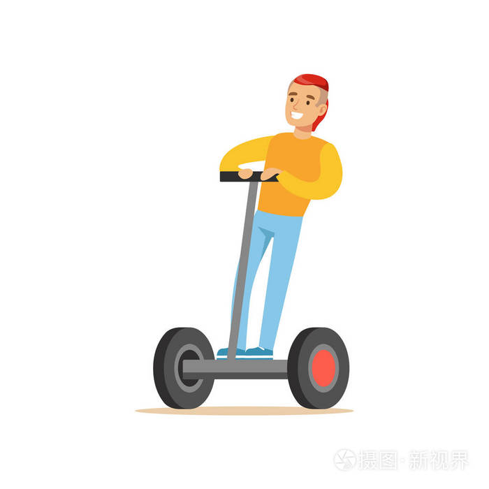 家伙,很酷的发型,穿着黄色毛衣骑电动自平衡电池动力个人电动滑板车