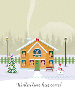 冬天的时候了。与漂亮的房子，在雪地里的明信片。装饰的圣诞元素