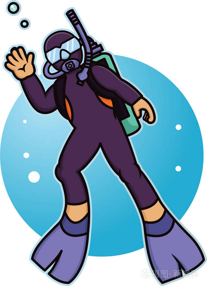 卡通插图的挥舞着的手一名潜水员.矢量字符