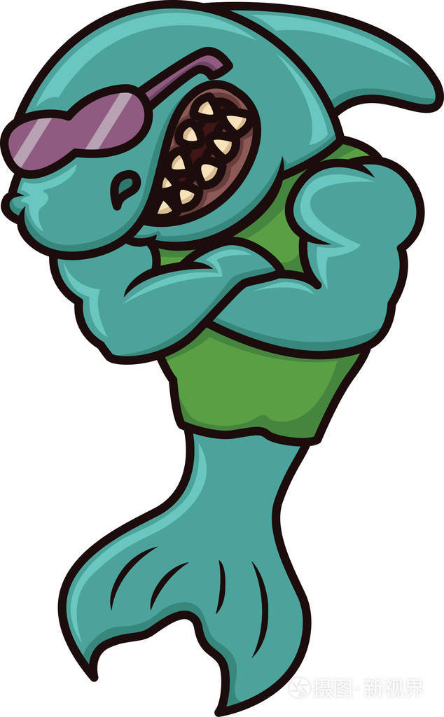 肌肉的鲨鱼作为保镖上白色孤立的卡通插图