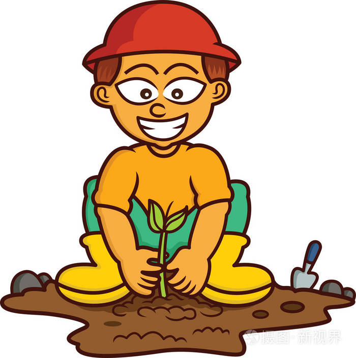 种植树卡通插图上白色孤立的男孩
