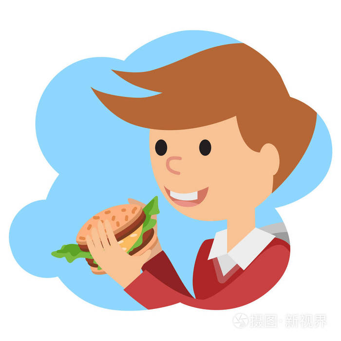 男孩吃三明治矢量图主题快餐
