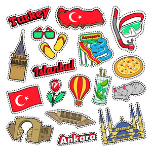 土耳其民族元素与建筑和标志.矢量涂鸦照片
