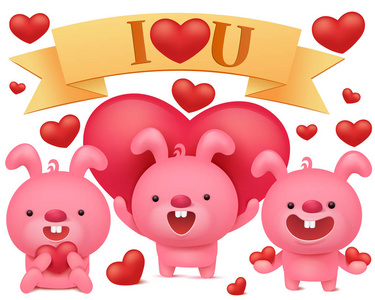 组的粉红色兔子表情符号字符用红色的心