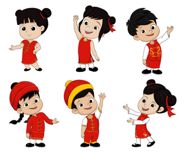 套的卡通中国儿童，中国农历新年快乐
