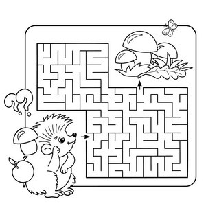 卡通矢量插画的教育迷宫或迷宫游戏为学龄前儿童。谜题。着色页大纲的刺猬与蘑菇。孩子们的图画书