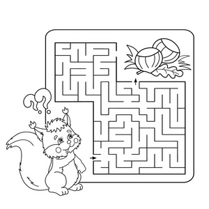 卡通矢量插画的教育迷宫或迷宫游戏为学龄前儿童。谜题。着色页大纲的松鼠与坚果。孩子们的图画书