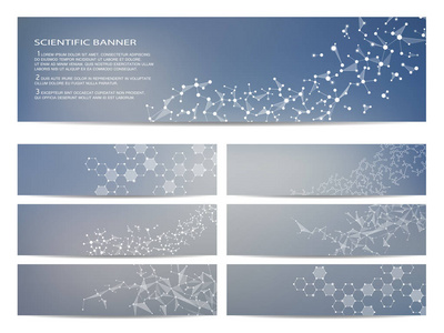 现代科学横幅的设置。分子结构 Dna 和神经元。抽象背景。医学 科学 技术 业务 网站模板。可缩放矢量图形