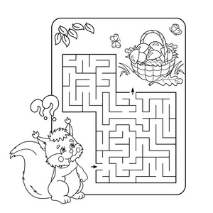 卡通矢量插画的教育迷宫或迷宫游戏为学龄前儿童。谜题。着色页大纲的松鼠提着篮子的蘑菇。孩子们的图画书
