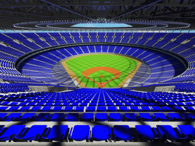 棒球体育场与蓝色座位和贵宾包厢的 3d 渲染