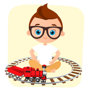 眼镜和玩具火车的年轻男孩。男孩玩的火车。矢量图 eps 10 孤立在白色背景上。平的卡通风格