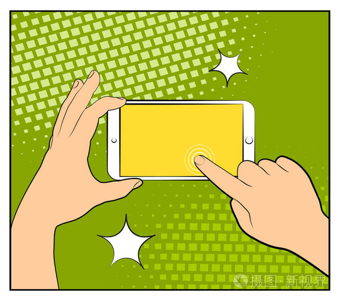 半色调阴影的漫画智能手机电话.手控股智能手机.波普艺术复古风格.