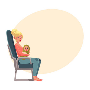 年轻女子在飞机座位上，经济舱，捧着小婴儿