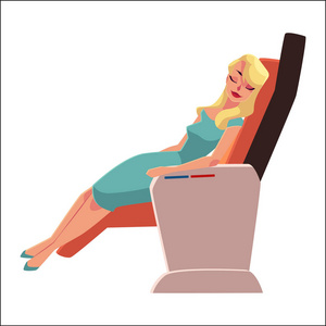 美丽的金发女子，睡在飞机商务舱座位