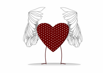 红色的心与他的脚长了翅膀的设计。矢量