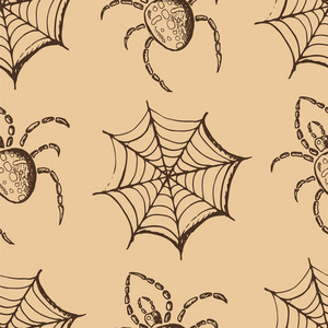 手工绘制一套万圣节属性 棕腹板和米色背景上的蜘蛛