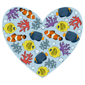 矢量绘制隔离多彩集红色小丑和蓝色天使鱼和黄色的蝴蝶鱼，珊瑚和珊瑚礁在白色背景上的蓝色心脏