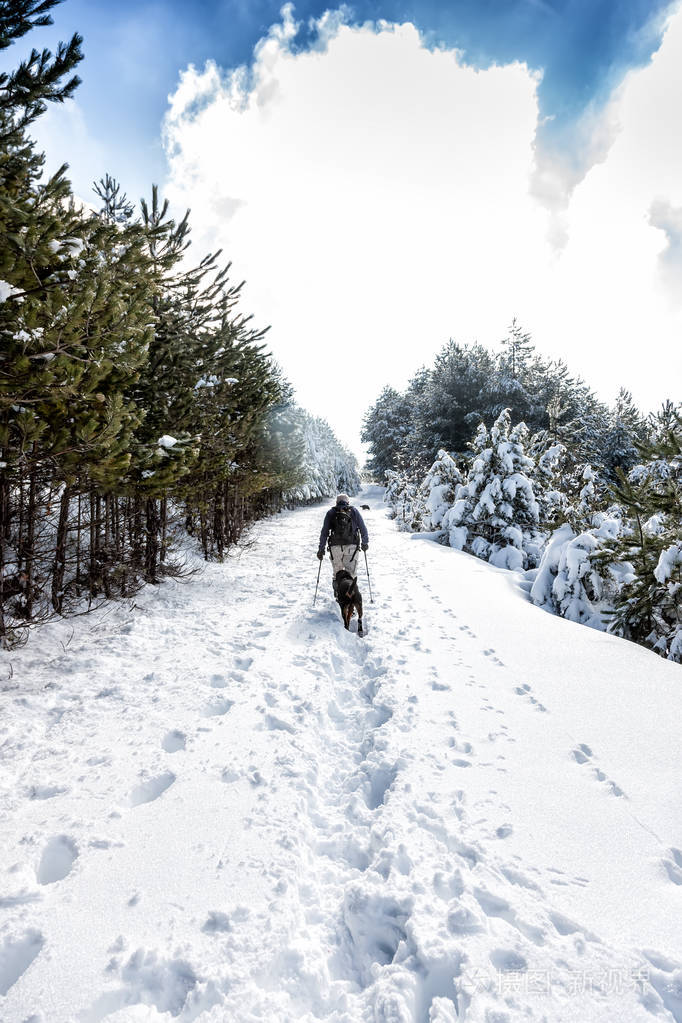 不知名的男人方和他的狗走在雪景中
