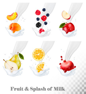 图标的水果和浆果在牛奶飞溅大集合。P
