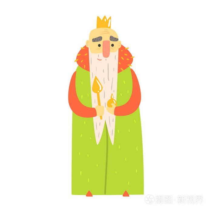 善良的老国王与 orb 和权杖,绿色地幔童话卡通幼稚
