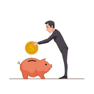 商人或经理提出了金币到粉红猪储钱罐。存钱。孤立在白色背景上的卡通人物。矢量图 Eps10