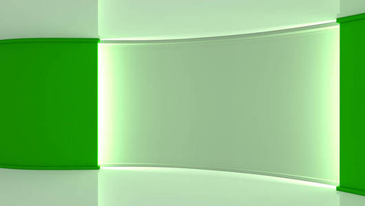 工作室。任何绿幕抠像生产的完美的背景。白色的绿色背景，白色的墙。绿墙。3d。 3d 渲染