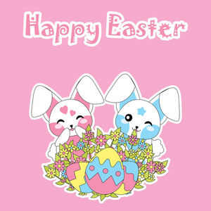 复活节贺卡可爱的兔子，和鸡蛋花