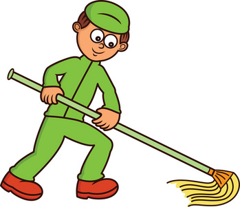 工人拖地板看门人拖地板卡通插图上白色孤立照片