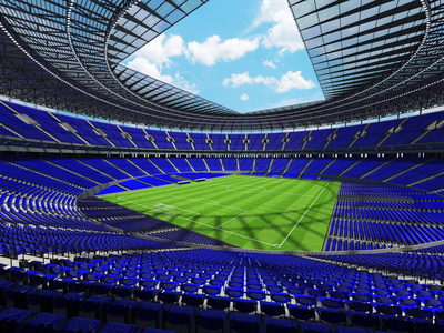 一个圆的足球足球体育场与蓝色个位子的 3d 渲染