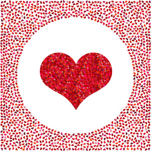 红色的心做的像素和周围的小心灵。与很多的心，在白色背景情人节背景