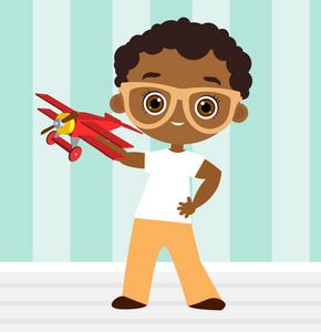 非洲裔美国男孩眼镜和玩具飞机。男孩玩飞机。矢量图 eps 10 孤立在白色背景上。平的卡通风格