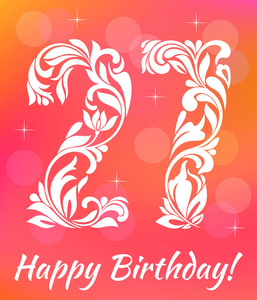 明亮的问候卡模板。庆祝 27 岁生日。与漩涡和花卉元素装饰字体
