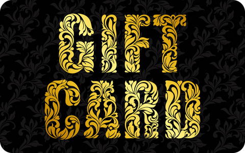 礼品卡。创建从一个花卉装饰题字。与花纹的黑色背景上的金色字母