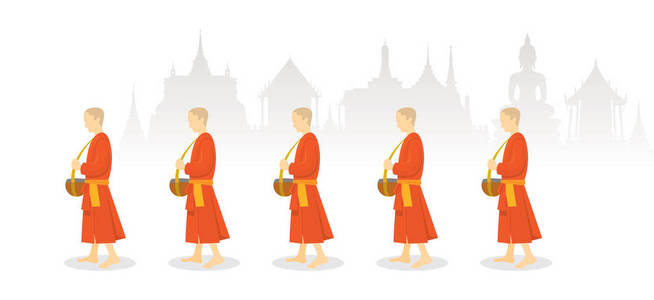 A 行的佛教僧侣上圆，泰国背景的施舍