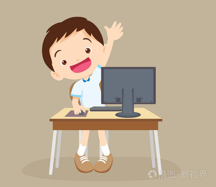 学生男孩学习计算机手起来