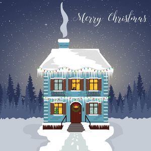 冬天的夜晚。装饰的房子与花环和冰柱。圣诞贺卡与森林和满天星斗的天空上的一个剪影