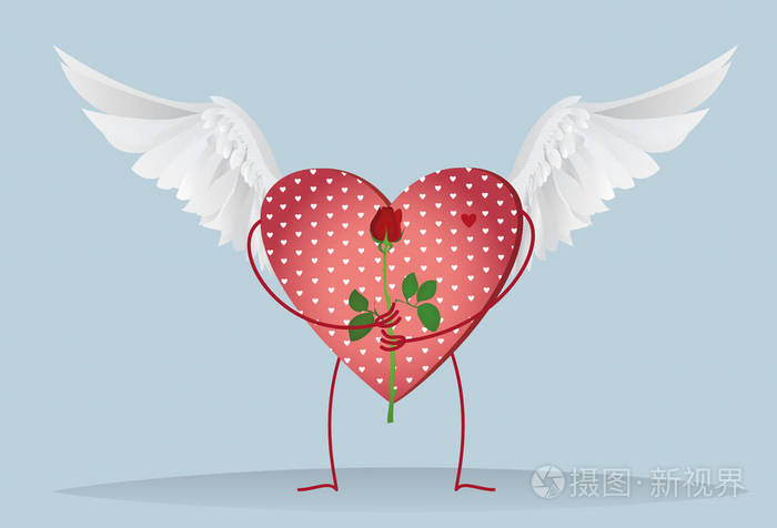 翅膀和腿拿着一朵红玫瑰装饰的心