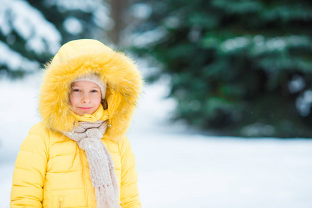 在阳光明媚的冬日雪的美丽青春绿眼睛的小可爱女孩的肖像