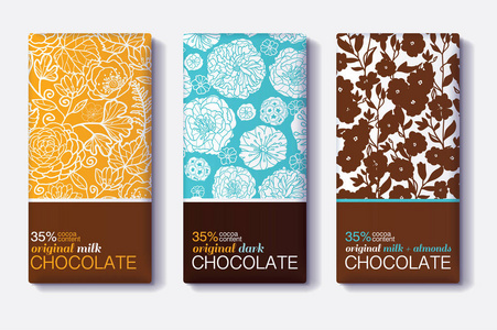 向量集的巧克力包装设计与现代花卉图案。牛奶，黑暗，杏仁。可编辑包装模板集合